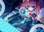  blue_eyes breasts choker cleavage danganronpa danganronpa_1 enoshima_junko grin hair_ornament head_tilt highres keyboard_(computer) medium_breasts nanaki1992 necktie pink_hair pleated_skirt skirt sleeves_rolled_up smile solo spoilers 