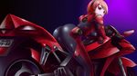  armor ass biker_clothes bikesuit bodysuit breasts cameltoe erect_nipples from_behind from_below gatakk gloves gradient gradient_background looking_at_viewer looking_back looking_down motorcycle original red_eyes red_hair shiny shiny_clothes short_hair skin_tight solo underboob 