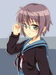  bad_id bad_pixiv_id bangs brown_eyes cardigan colorized glasses grey_hair highres kita_high_school_uniform mo_nika nagato_yuki school_uniform serafuku short_hair solo suzumiya_haruhi_no_yuuutsu 