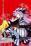  birdcage book cage crescent crossed_legs earrings flower hat jewelry lily_(flower) long_hair open_book pantyhose patchouli_knowledge purple_eyes purple_hair reading red_background sitting solo touhou tsurukame very_long_hair yellow_legwear 
