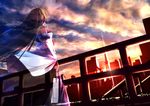  building cloud cloudy_sky detached_sleeves gohei green_hair hair_tubes kochiya_sanae long_hair md5_mismatch railing ryosios shirt skirt sky skyscraper solo sunset tokyo_(city) tokyo_tower touhou transparent very_long_hair wide_sleeves 