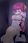  alternate_legwear bdsm blonde_hair blush bondage bound breasts covered_nipples cunnilingus cypha_of_huckebein heavy_breathing highres large_breasts long_hair lyrical_nanoha mahou_senki_lyrical_nanoha_force multiple_girls nipples open_mouth oral pink_hair ponytail ribbon saliva see-through shirt signum sm318 thighhighs trembling yuri 