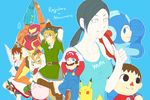  6+boys arm_cannon armor belt black_eyes black_hair blonde_hair blue_eyes brown_hair clothes_writing doubutsu_no_mori facial_hair fox_mccloud furry gen_1_pokemon gloves green_eyes hat helmet kid_icarus kirby kirby_(series) link mario mario_(series) metroid multiple_boys multiple_girls mustache pikachu pit_(kid_icarus) pointy_ears pokemon pokemon_(creature) ponytail rockman rockman_(character) saiba_(henrietta) samus_aran smile star_fox super_mario_bros. super_smash_bros. the_legend_of_zelda the_legend_of_zelda:_twilight_princess thumbs_up villager_(doubutsu_no_mori) weapon wii_fit wii_fit_trainer 