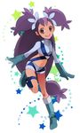  big_hair blue_footwear boots brown_eyes cosplay dark_skin full_body fuuro_(pokemon) fuuro_(pokemon)_(cosplay) gloves gym_leader hair_ornament hita_(hitapita) iris_(pokemon) long_hair midriff navel open_mouth pokemon pokemon_(game) pokemon_bw purple_hair shorts solo suspenders two_side_up very_long_hair 