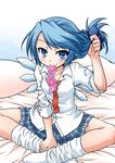  akou_roushi alternate_costume blue_eyes blue_hair blush bow cirno condom condom_in_mouth condom_wrapper dress_shirt hair_bow ice ice_wings indian_style looking_at_viewer loose_socks mouth_hold necktie school_uniform shirt side_ponytail sitting skirt sleeves_folded_up sleeves_rolled_up socks solo touhou white_legwear wings 