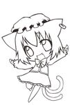  animal_ears cat_ears cat_tail chen chibi earrings hat jewelry lineart lowres monochrome nagamo_sakana short_hair simple_background solo tail touhou 