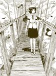  alternate_headwear bridge dated expressionless hat kawashina_(momen_silicon) looking_away monochrome outdoors shameimaru_aya short_hair skirt solo touhou walking wings wooden_bridge 