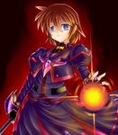  adapted_costume blue_eyes brown_hair dress energy_ball fingerless_gloves gao_(naodayo) gloves highres holding looking_at_viewer luciferion lyrical_nanoha mahou_shoujo_lyrical_nanoha_innocent material-s purple_dress short_hair solo stern_starks 