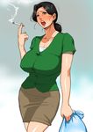  black_eyes black_hair blush breasts cigarette copyright_request curvy huge_breasts large_breasts mature mokuzou open_mouth skirt solo wrinkles 