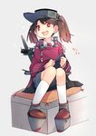  :d aircraft airplane blush cushion geta hat japanese_clothes kantai_collection open_mouth red_eyes ryuujou_(kantai_collection) sandals scroll shorts sitting smile solo sparkle taneda_yuuta twintails 