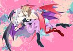  animal_print ass bare_shoulders bat bat_print bridal_gauntlets brown_eyes brown_hair cosplay demon_wings hagiwara_yukiho hairband head_wings idolmaster idolmaster_(classic) lilith_aensland lilith_aensland_(cosplay) long_hair morrigan_aensland morrigan_aensland_(cosplay) multiple_girls open_mouth pantyhose print_legwear purple_wings red_eyes shijou_takane short_hair silver_hair sleeveless smile vampire_(game) very_long_hair wings ysmmzr 