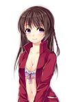  bangs bikini blush braid breasts brown_hair cleavage collarbone eyebrows_visible_through_hair frilled_bikini frills front-tie_bikini front-tie_top jacket long_hair long_sleeves looking_away looking_to_the_side medium_breasts navel open_clothes open_jacket original purple_eyes reimin simple_background single_braid smile solo swimsuit upper_body v_arms white_background 
