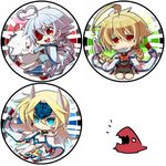  ahoge bad_id bad_pixiv_id blazblue blonde_hair blue_eyes blush bodysuit braid bridal_gauntlets cape character_doll chibi dead_spike eyepatch forehead_protector gloves hair_weapon heart_ahoge kuro_yuzu lambda-11 long_hair mu-12 multiple_girls navel nu-13 open_mouth ragna_the_bloodedge red_eyes silver_hair single_braid sitting smile thighhighs 