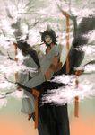  animal_ears black_hair cherry_blossoms flute highres in_tree instrument kyouichi leaning_back male_focus original purple_eyes ribbon sitting sitting_in_tree solo tree youkai 