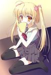  absurdres ahoge black_legwear blonde_hair book copyright_request from_above highres legs long_sleeves looking_at_viewer looking_up nanao_naru orange_eyes reading red_ribbon ribbon school_uniform serafuku sitting solo thighhighs twintails wariza zettai_ryouiki 