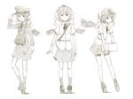  alternate_costume alternate_headwear bag box carrying character_sheet feathered_wings frown geta hat highres kawashina_(momen_silicon) looking_at_viewer monochrome neck_ribbon necktie pigeon-toed pointy_ears pom_pom_(clothes) ribbon shameimaru_aya short_hair simple_background skirt smile tengu-geta tokin_hat touhou uniform white_background wings 