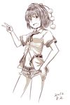  blush contemporary cutoffs dated hand_on_hip hat highres kawashina_(momen_silicon) looking_at_viewer midriff monochrome open_clothes open_mouth open_shirt pointy_ears pom_pom_(clothes) shameimaru_aya shirt short_hair short_shorts shorts simple_background smile solo thumb_in_pocket tokin_hat touhou v white_background 
