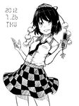  cellphone cellphone_charm checkered checkered_skirt cosplay dated greyscale grin hat himekaidou_hatate himekaidou_hatate_(cosplay) kawashina_(momen_silicon) looking_at_viewer monochrome necktie phone pointy_ears pom_pom_(clothes) shameimaru_aya short_hair simple_background skirt smile solo tokin_hat touhou white_background 
