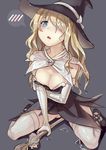  alternate_costume blonde_hair blue_eyes blush breast_lift breasts broom capelet cleavage dress elbow_gloves gloves grey_background hair_over_one_eye hat kneeling large_breasts long_hair marye_spearhead open_mouth simple_background solo spoken_blush thighhighs to_aru_majutsu_no_index to_aru_majutsu_no_index:_endymion_no_kiseki walzrj wet white_legwear witch_hat 