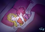  aida_mana bad_id bad_pixiv_id bed blanket blonde_hair couple dokidoki!_precure kamiyama_kenta long_hair messy_hair multiple_girls nose_bubble pillow pink_hair precure regina_(dokidoki!_precure) saliva sharuru_(dokidoki!_precure) shirt shoulder_kiss sleeping t-shirt yuri 