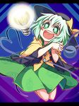  :d blush dress floral_print green_eyes green_hair hands_clasped hat komeiji_koishi letterboxed light_bulb monopollyan open_mouth own_hands_together smile solo third_eye touhou 