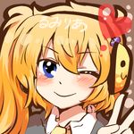  bad_id bad_twitter_id blonde_hair blue_eyes blush headphones heart long_hair lowres one_eye_closed original rebecca_(keinelove) smile solo v 