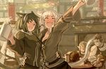  4girls animal_ears arm_around_waist arm_up bad_id bad_pixiv_id beer_mug belt black_hair braid breasts brown_hair cat_ears cat_tail city cleavage cup drink drinking drunk elezen elf facepaint final_fantasy final_fantasy_xiv hairband hand_on_shoulder harusame_(rueken) holding holding_cup hyur lalafell long_hair long_sleeves medium_breasts miqo'te mug multiple_boys multiple_girls open_clothes open_mouth open_shirt party pointy_ears roegadyn shirt short_hair smile table tail teeth unconscious white_hair 