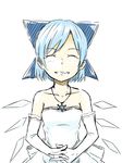  bare_shoulders blue_hair bow cirno closed_eyes dress elbow_gloves facing_viewer gloves grin hair_bow jewelry kawashina_(momen_silicon) necklace short_hair simple_background smile solo tears touhou wedding_dress white_background 