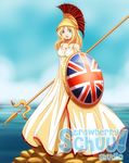  blonde_hair blue_eyes britannia centurion_helmet dress long_hair mythology robes roman sandals shield smile trident union_flag union_jack xenokurisu 