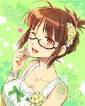  akizuki_ritsuko bikini braid breasts brown_eyes brown_hair flower folded_ponytail glasses hair_flower hair_ornament hairband happy_birthday heart idolmaster idolmaster_(classic) medium_breasts one_eye_closed redrop smile solo star swimsuit twin_braids 