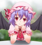  ascot bat_wings blue_hair brooch byeontae_jagga fang hat hat_ribbon jewelry looking_at_viewer pov_across_table remilia_scarlet ribbon short_hair smile solo table touhou wings wrist_cuffs 