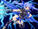  belt blue_hair boots cape fang gao_(naodayo) greaves hair_ribbon highres holding leotard levi_russel long_hair looking_at_viewer lyrical_nanoha mahou_shoujo_lyrical_nanoha_innocent material-l open_mouth red_eyes ribbon smile solo thigh_boots thighhighs twintails vulnificus 