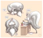  bed big_breasts breasts cup esmeralda female fur hair looking_at_viewer mammal mug nipples open_mouth paper papers pencil presenting ruler scissor skunk solo table tongue voluptuous zaftigbunnypress 