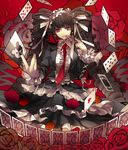  black_hair card celestia_ludenberck danganronpa danganronpa_1 dress drill_hair earrings flower frills gothic_lolita grin hairband highres jewelry kizuna_(black15) lolita_fashion lolita_hairband monokuma necktie playing_card red_background red_eyes rose smile solo twin_drills twintails 