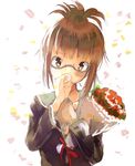  akizuki_ritsuko bad_id bad_pixiv_id bouquet brown_eyes brown_hair flower folded_ponytail glasses idolmaster idolmaster_(classic) solo yae_(mono110) 