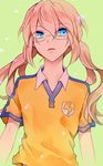  blue_eyes ediblepanda fusion glasses inazuma_eleven_(series) inazuma_eleven_go inazuma_eleven_go_chrono_stone kirino_ranmaru kirino_ranmaru_(mixi_max_jeanne_d'arc) lightning_bolt long_hair male_focus pink_hair raimon raimon_soccer_uniform soccer_uniform solo sportswear twintails upper_body 