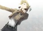  annie_leonhardt belt blonde_hair blue_eyes emblem foreshortening insignia jacket military_police_brigade_(emblem) otton paradis_military_uniform shingeki_no_kyojin short_hair solo white_background 