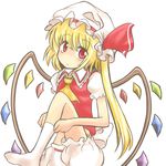  ascot bad_id bad_pixiv_id blonde_hair bloomers bow flandre_scarlet frown hat hat_ribbon head_tilt looking_at_viewer mob_cap no_pants no_shoes puffy_short_sleeves puffy_sleeves red_eyes ribbon short_hair short_sleeves side_ponytail simple_background sock_pull solo touhou underwear vest white_background wings yuuma_(pumpkin) 