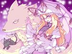  blonde_hair cat chen chen_(cat) ekus_(xo_ekus) fox hair_ribbon hat hat_ribbon long_hair ribbon touhou umbrella very_long_hair yakumo_ran yakumo_ran_(fox) yakumo_yukari yellow_eyes 