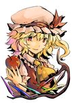  apple blonde_hair blouse flandre_scarlet food fruit hat red_blouse red_eyes ribbon short_hair side_ponytail smile solo touhou white_background wings yagimiwa 