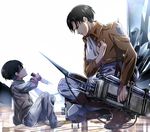  ascot black_hair blood boots cable child closed_eyes dagger dual_persona emblem insignia jacket knife levi_(shingeki_no_kyojin) male_focus multiple_boys older paradis_military_uniform salute shingeki_no_kyojin survey_corps_(emblem) three-dimensional_maneuver_gear time_paradox weapon younger yuna_(rutera) 