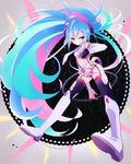  blue_eyes blue_hair boots detached_sleeves garter_straps hatsune_miku highres knee_boots long_hair microphone necktie solo thighhighs torn_clothes torn_legwear twintails udon_(improvisation) very_long_hair vocaloid 