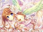  absurdres angel_wings ass blue_eyes blush bridal_veil brown_hair closed_mouth copyright_request cupcake dress elbow_gloves feathered_wings feathers food from_side gloves highres looking_at_viewer looking_to_the_side lying macaron on_stomach smile solo tareme tatekawa_mako veil wedding_dress wings 