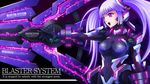  bodysuit gatakk gloves long_hair mecha_musume open_mouth original outstretched_arm purple_eyes purple_hair shiny shiny_clothes solo standing twintails 