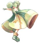  double_bun full_body green_hair horns karatou looking_back pointy_ears puyopuyo puyopuyo_fever rider_(puyopuyo) shoes short_hair skirt sleeves_past_wrists smile solo standing standing_on_one_leg white_background white_eyes 