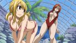  all_fours ass blonde_hair blush breasts brown_eyes butt_crack cleavage downpants fairy_tail flare_corona large_breasts long_hair lucy_heartfilia multiple_girls red_eyes red_hair sexually_suggestive sling_bikini swimsuit tattoo tattooed_breast twintails you_gonna_get_raped 
