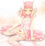  3: arm_support blush green_eyes hair_ornament kito_(sorahate) lace lace-trimmed_thighhighs looking_away navel original panties panty_pull pink pink_hair pussy_peek sitting solo tattoo thighhighs underwear wariza white_legwear white_panties 