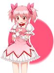  bad_id bad_pixiv_id blush bow breasts choker cleavage_cutout collarbone embarrassed gerisita gloves hair_bow heart_cutout jewelry kaname_madoka magical_girl mahou_shoujo_madoka_magica open_mouth pendant pink_eyes pink_hair pink_skirt puffy_sleeves ribbon_choker short_sleeves skirt small_breasts solo twintails wardrobe_error white_gloves 