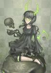  absurdres bad_id bad_pixiv_id black_hair black_rock_shooter checkered checkered_background choker dead_master glasses green-framed_eyewear green_eyes highres horns jinyuan712 sitting skull solo wariza wings 