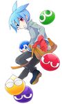  ahoge bag blue_hair full_body heterochromia jacket male_focus pants puyo_(puyopuyo) puyopuyo puyopuyo_fever shoes sig_(puyopuyo) solo tachitsu_teto white_background 